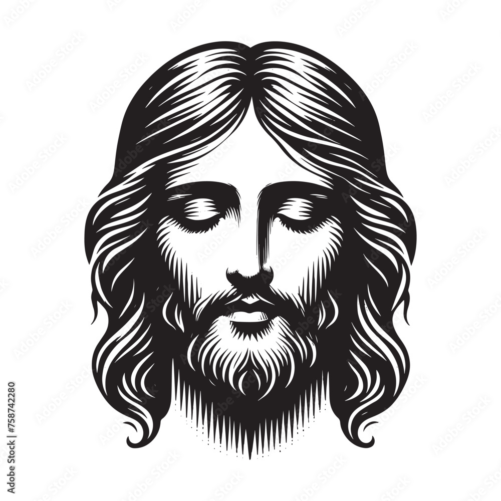 Jesus face. Engraving black vector illustration, ink sketch

