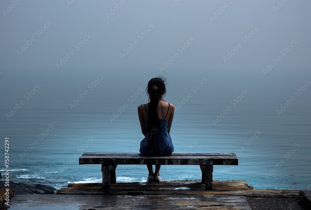 A depressed dishevelled little girl sitting on an empty bench overlooking the ocean, back view. The sea is calm and blue with no waves in sight. A depressed dishevelled little girl sitting on an empty bench overlooking the ocean, back view. The sea is calm and blue with no waves in sight.