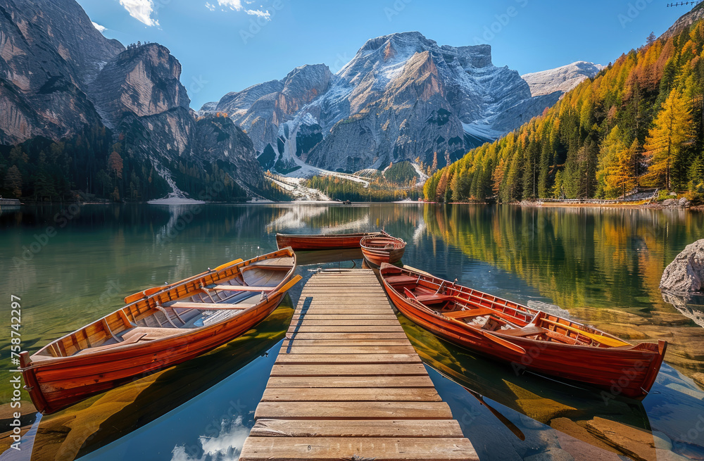 Beautiful lake Braies in Dolomites, Italy with a wooden dock and row boats on mirror-like water at sunrise in an autumn natural landscape with mountain backgrounds