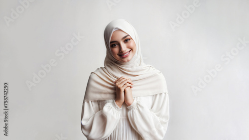 A Muslim woman in a white hijab, hands clasped, against a grey background