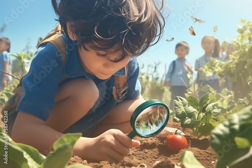 A child holds a magnifying glass to look at insects in a school garden during an environment learning lesson photo