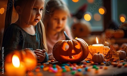 halloween activities for children, young girls, children celebrating hallowing, candies, candles, jack o lantern, pumpkins, autumn, halloween treats and sweets, children having, Generative AI 