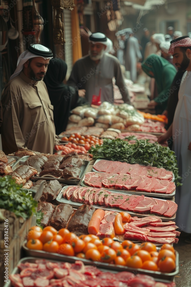 Explore the vibrant market scene with Middle Eastern flair, offering an array of Arabian-inspired meats