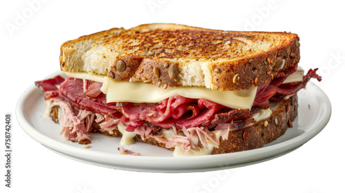 Reuben Sandwich on a plate isolated on transparent png background. Generative ai  photo