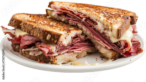 Reuben Sandwich on a plate isolated on transparent png background. Generative ai 