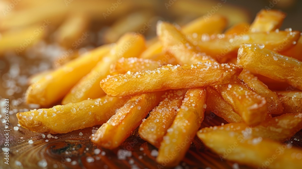 Close up of French fries or potato chips on wooden plate. Close up of French fries or potato chips on wooden plate.