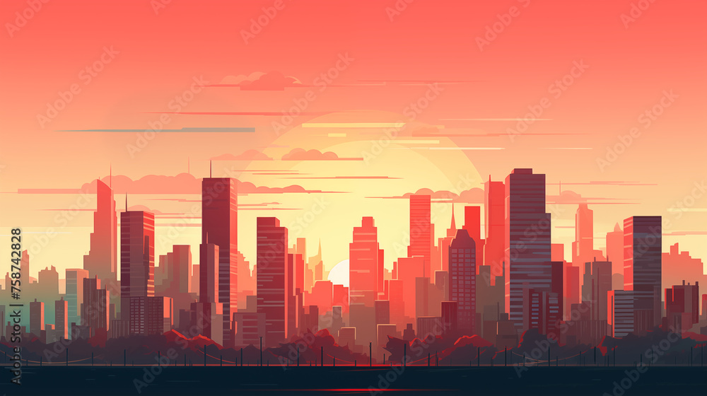 Illustration d'une jolie skyline avec coucher de soleil et ciel nuageux. Paysage vue sur une ville remplie de gratte-ciel, immeuble. Ville, urbain, horizon. Pour conception et création graphique.