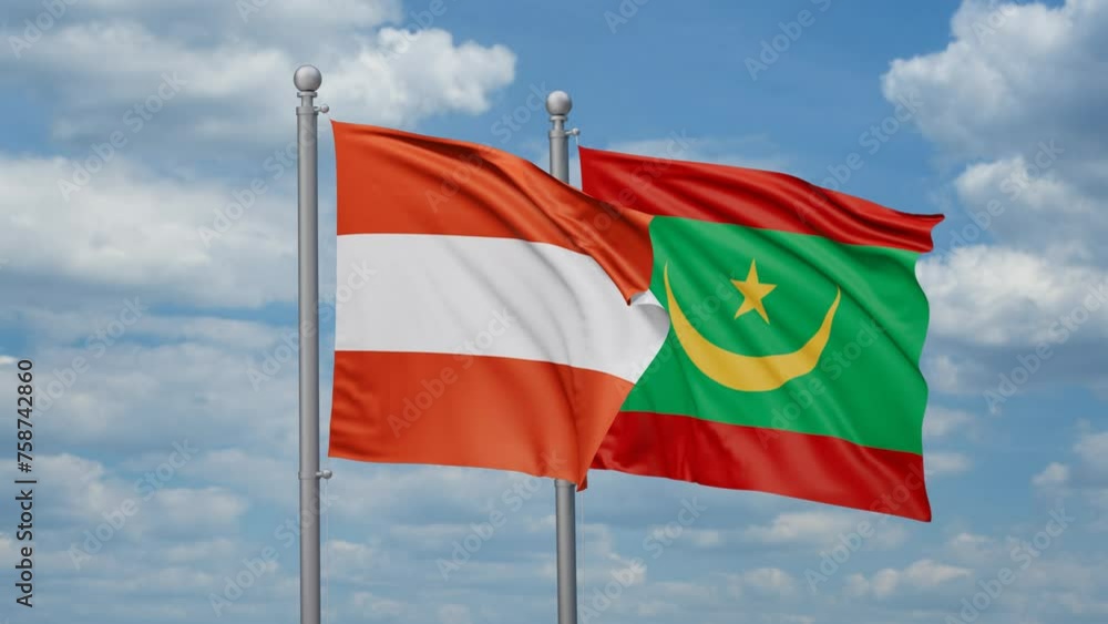 Mauritania and Austria two flags waving together, looped video, two country cooperation concept Mauritania and Austria two flags waving together, looped video, two country cooperation concept