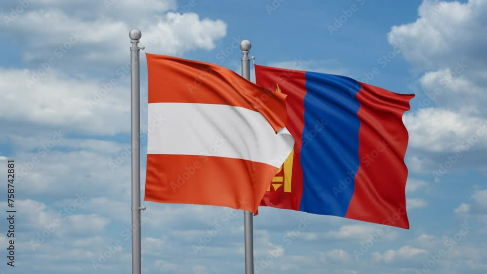 Mongolia and Austria two flags waving together, looped video, two country cooperation concept Mongolia and Austria two flags waving together, looped video, two country cooperation concept
