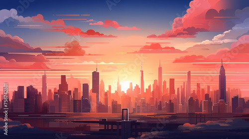 Illustration d une jolie skyline avec coucher de soleil et ciel nuageux. Paysage vue sur une ville remplie de gratte-ciel  immeuble. Ville  urbain  horizon. Pour conception et cr  ation graphique.