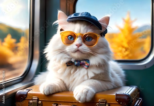 A beautiful Ragdoll cat travels with a suitcase on the train.