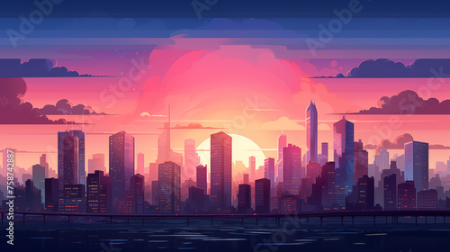 Illustration d'une jolie skyline avec coucher de soleil et ciel nuageux. Paysage vue sur une ville remplie de gratte-ciel, immeuble. Ville, urbain, horizon. Pour conception et création graphique. © FlyStun
