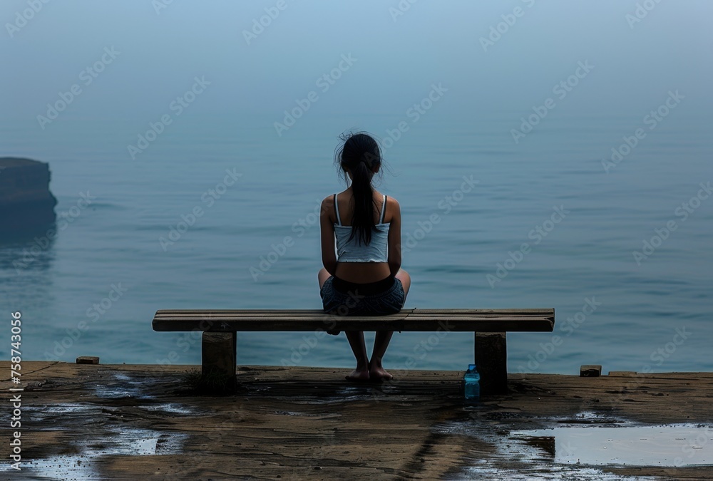 A depressed dishevelled little girl sitting on an empty bench overlooking the ocean, back view. The sea is calm and blue with no waves in sight. A depressed dishevelled little girl sitting on an empty bench overlooking the ocean, back view. The sea is calm and blue with no waves in sight.