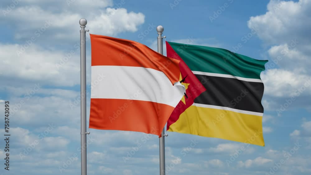 Mozambique and Austria two flags waving together, looped video, two country cooperation concept Mozambique and Austria two flags waving together, looped video, two country cooperation concept