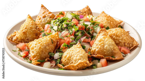 Samosa Chaat on a plate isolated on transparent png background. Generative ai 