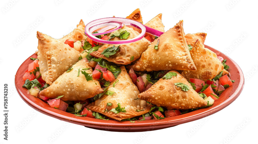 Samosa Chaat on a plate isolated on transparent png background. Generative ai Samosa Chaat on a plate isolated on transparent png background. Generative ai