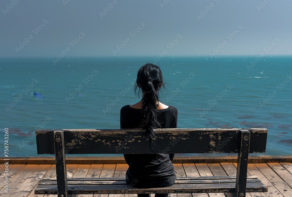 A depressed dishevelled little girl sitting on an empty bench overlooking the ocean, back view. The sea is calm and blue with no waves in sight. A depressed dishevelled little girl sitting on an empty bench overlooking the ocean, back view. The sea is calm and blue with no waves in sight.