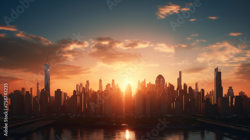 Jolie skyline avec coucher de soleil et ciel nuageux. Paysage vue sur une ville remplie de gratte-ciel, immeuble. Ville, urbain, horizon. Pour conception et création graphique.