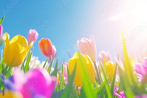 This vibrant image captures the essence of spring with a beautiful array of colorful tulips reaching towards the bright, clear blue sky. The sun's rays pour warmth over the petals, creating a soft