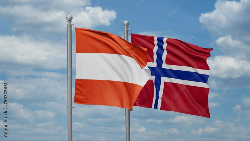 Norway and Austria two flags waving together, looped video, two country relations concept Norway and Austria two flags waving together, looped video, two country relations concept