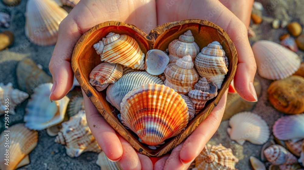 © Corri Seizinger - Vacation summer holiday travel tropical ocean sea background panorama - Close up of woman's hands holding many seashells in a heart shape bowl on the sandy beach. © Corri Seizinger - Vacation summer holiday travel tropical ocean sea background panorama - Close up of woman's hands holding many seashells in a heart shape bowl on the sandy beach.