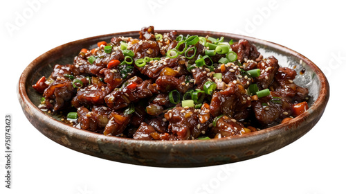 Sesame Beef Stir-Fry on a plate isolated on transparent png background. Generative ai 