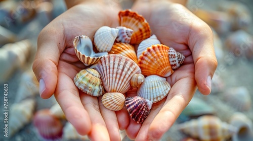 Vacation summer holiday travel tropical ocean sea background panorama - Close up of woman's hands holding many seashells on the sandy beach.