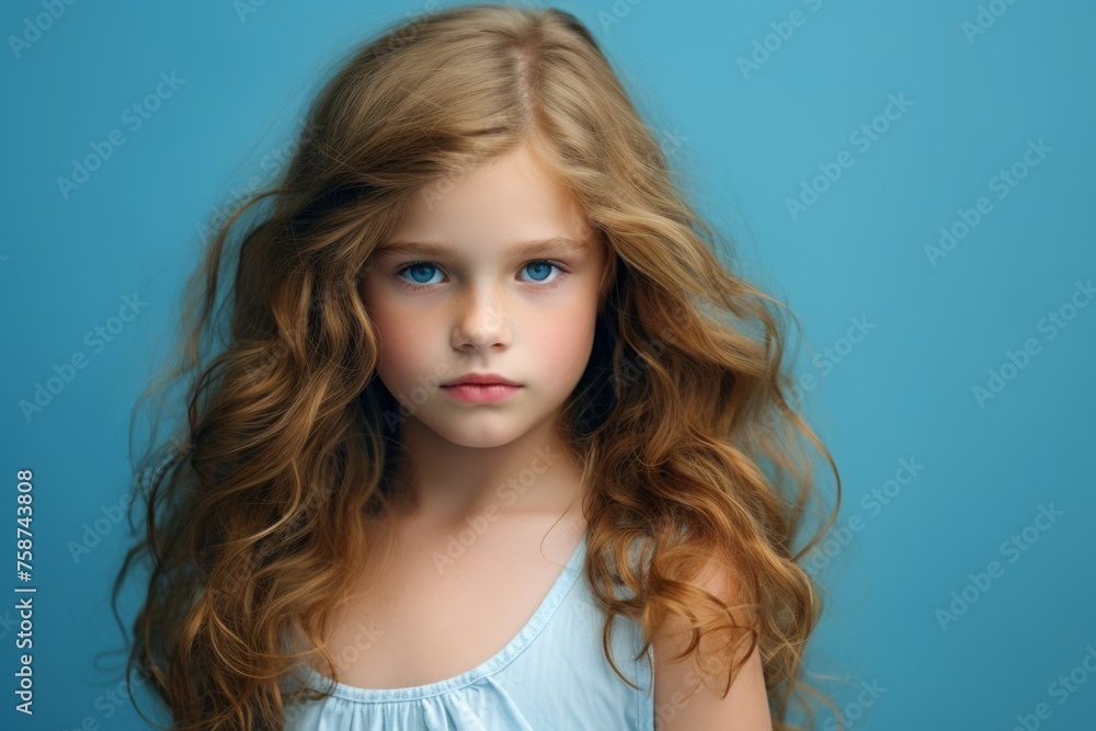 Portrait of a cute little girl with long curly hair. Blue background. Portrait of a cute little girl with long curly hair. Blue background.