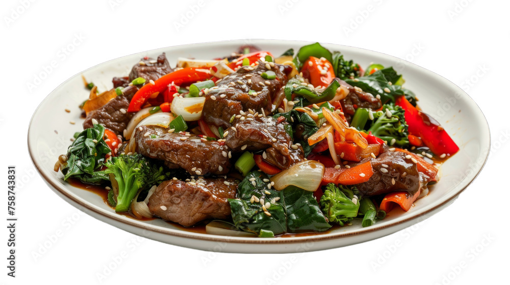 Sesame Beef Stir-Fry on a plate isolated on transparent png background. Generative ai 