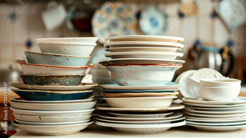 Stacked pile of dirty dishes after eating in home kitchen. National No Dirty Dishes Day. Copy space