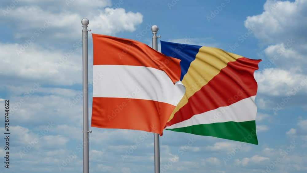 Seychelles and Austria two flags waving together, looped video, two country cooperation concept Seychelles and Austria two flags waving together, looped video, two country cooperation concept