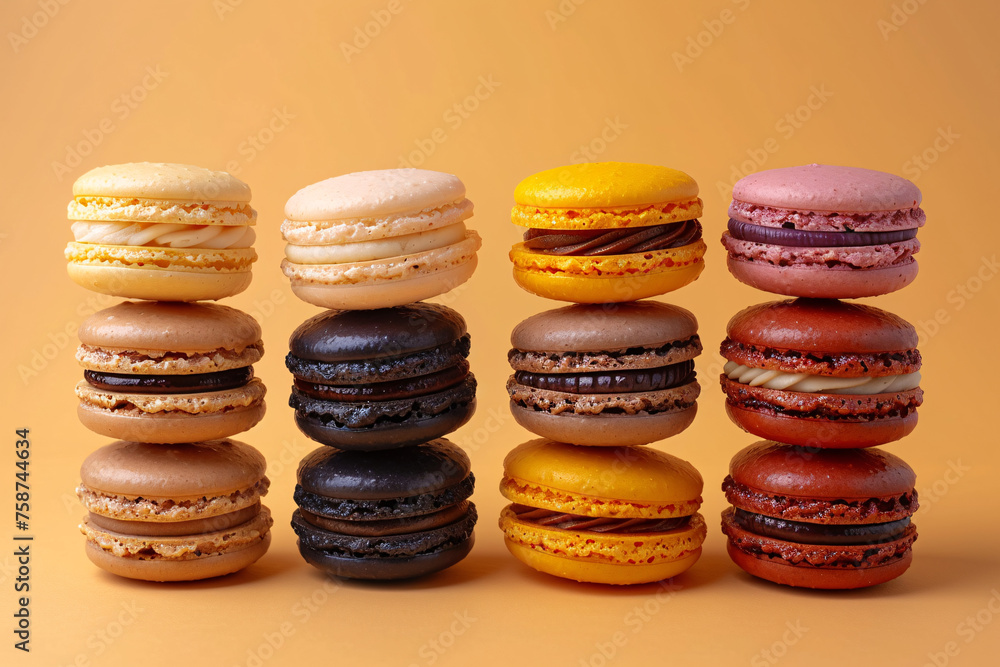 Realistic photograph of a complete stack of assorted macarons in pastel colours background Realistic photograph of a complete stack of assorted macarons in pastel colours background