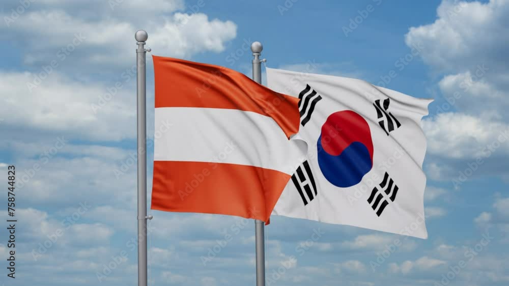 South Korea or Republic of Korea or ROK and Austria two flags waving together, looped video, two country cooperation concept South Korea or Republic of Korea or ROK and Austria two flags waving together, looped video, two country cooperation concept
