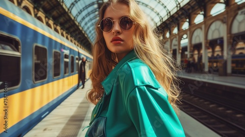 Młoda kobieta śpieszy się na pociąg poganiając kogoś. Patrzy prosto w kamerę