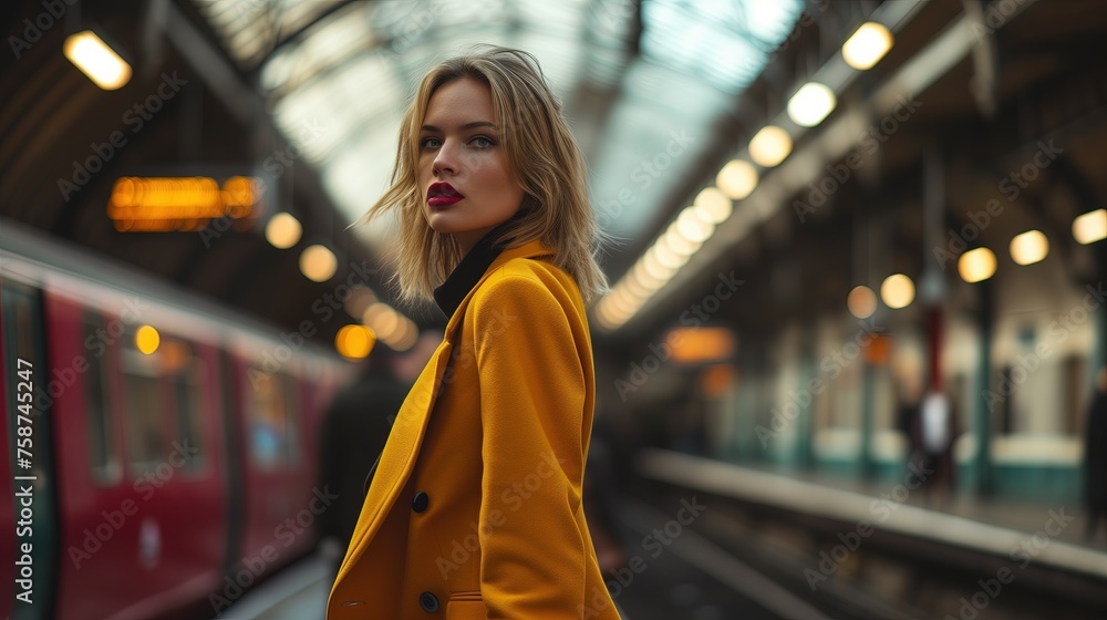 Blondynka stoi przed pociągiem na peronie dworca kolejowego, patrząc w kierunku wagonów i czekając na podróż. Blondynka stoi przed pociągiem na peronie dworca kolejowego, patrząc w kierunku wagonów i czekając na podróż.