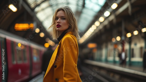 Blondynka stoi przed pociągiem na peronie dworca kolejowego, patrząc w kierunku wagonów i czekając na podróż.