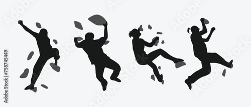 climbing wall silhouette collection set. sport, extreme, bouldering, rock, concept. different actions, poses. vector illustration.