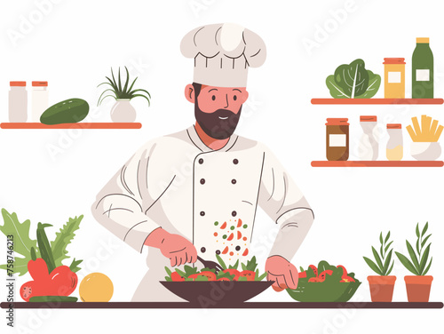  A chef carefully prepares a salad with fresh vegetables and lean protein emphasizing healthy meal choices. 