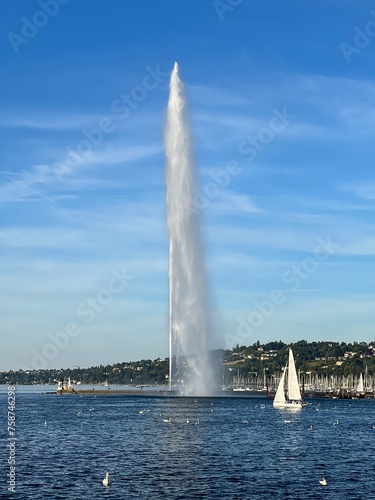 jet d'Eau fountain in Geneva with few yachts in the lake