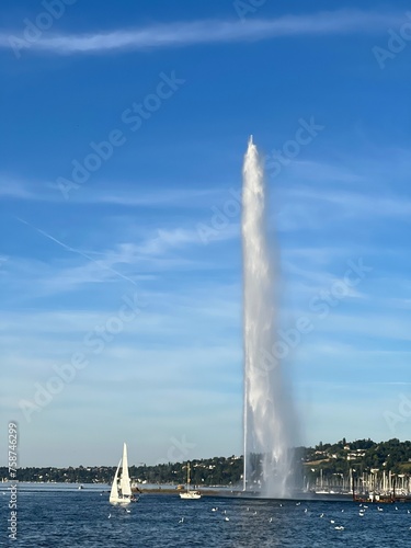 jet d'Eau fountain in Geneva with few yachts in the lake