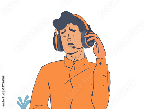  A customer service representative wearing a headset patiently listens to a frustrated caller experiencing technical difficulties. 