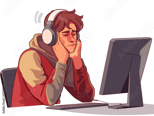  A customer service representative wearing a headset patiently listens to a frustrated caller experiencing technical difficulties. 