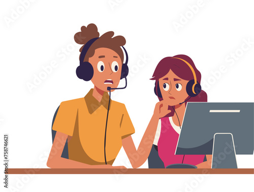  A customer service representative wearing a headset patiently listens to a frustrated caller experiencing technical difficulties. 