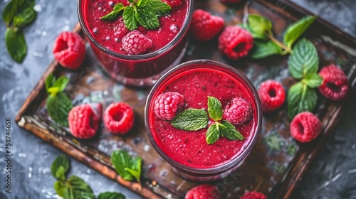 Selective focus on detox diet  refreshing raspberry smoothie for healthy vegetarian eating