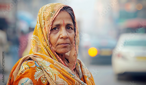 portrait of a native old Indian woman in national clothes in the city, personifying the national image of an Indian woman in the urban landscape