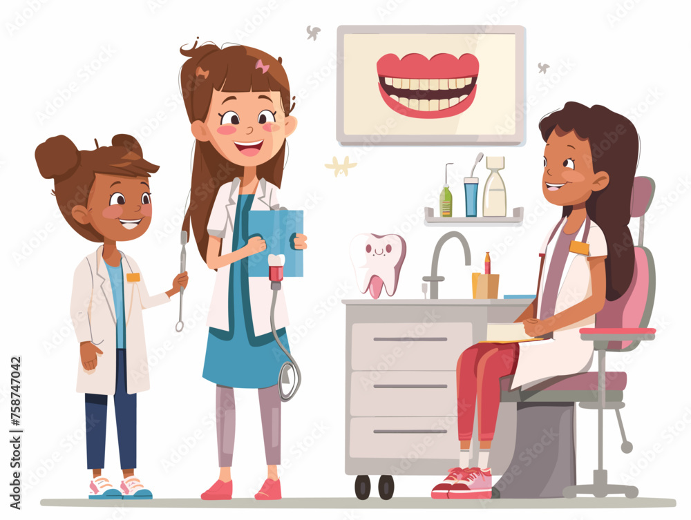  A dentist educates young children about proper oral hygiene techniques using interactive tools and models. 