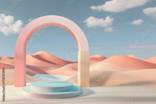 3D podium with arches in pink blue colors against desert and sky background, Abstract minimalistic podium background for product presentation