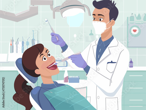  A dentist cleans a patient's teeth with precision explaining proper brushing and flossing techniques. 