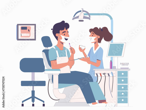  A dentist cleans a patient's teeth with precision explaining proper brushing and flossing techniques. 