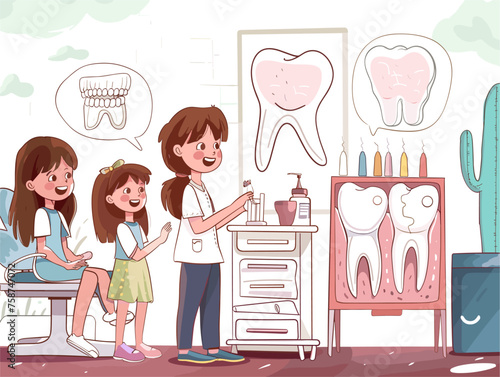  A dentist educates young children about proper oral hygiene techniques using interactive tools and models. 